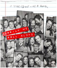 Black and white, photobooth-style photo strips arrayed against a sheet of notebook paper. In the photo, the stars of the show) laugh and make faces.