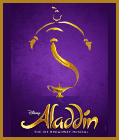 The curved figure of a golden genie rises from the mouth of a golden lamp.