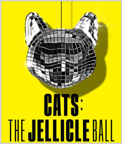 A cat-shaped disco ball on a bright yellow background. Text below reads: Cats The Jellicle Ball.