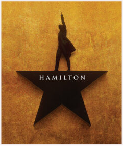 A silhouette of Alexander Hamilton standing on top of a black star.