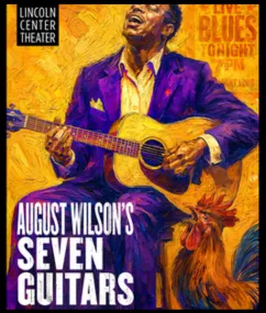 An impressionist-style painting of a Black man, dressed in a purple suit, seated on a stool. His mouth is open as if singing, and plays an acoustic guitar. A rooster in the foreground with its beak open appears to mimic him.