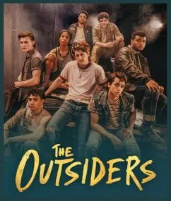 The cast members sit on a car, below them the title of the show in large yellow letters against a fading green background.