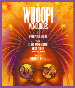 A close-up illustration of Whoopi Goldberg's face wearing round glasses. Golden fireworks burst from behind her hair against a vibrant orange and yellow background.